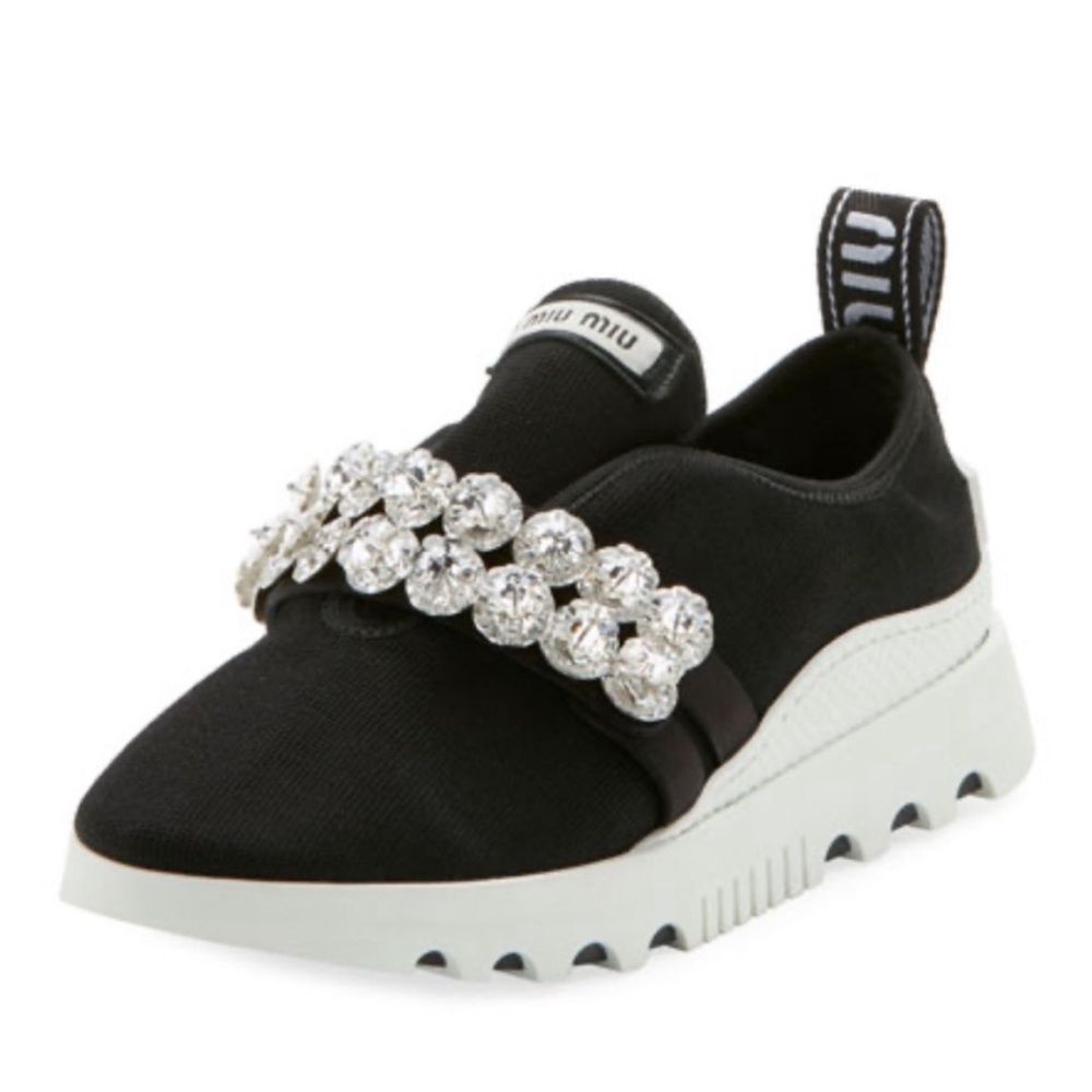 Authentic Miu Miu Black and White Sneakers with Crystal Embellishments